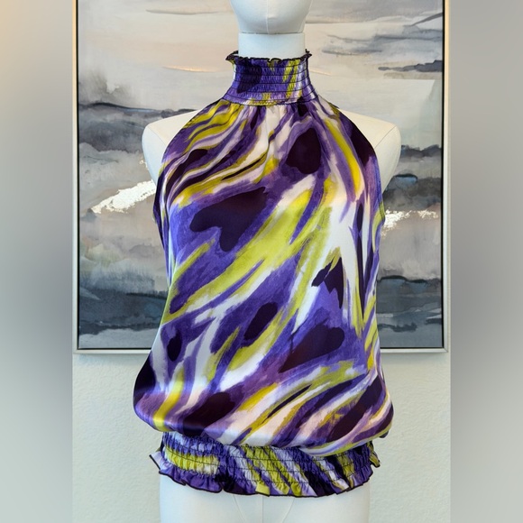 Vintage Y2K A. Byer Halter Top Smocked Neck & Waist Purple Lime Abstract Print - Picture 2 of 16